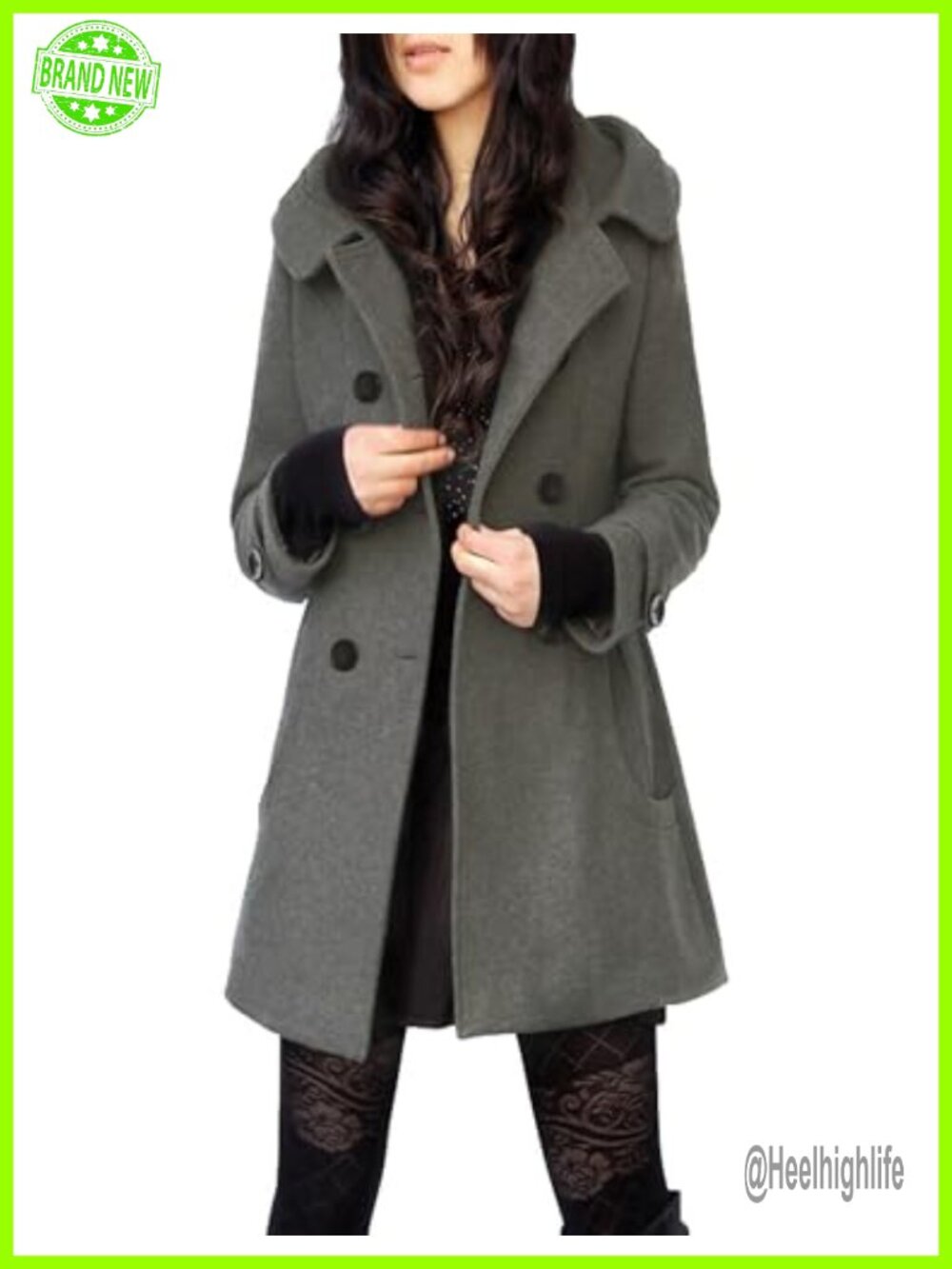 Hooded Wool Blend Peacoat Mid Long Double Breasted Women's Coat